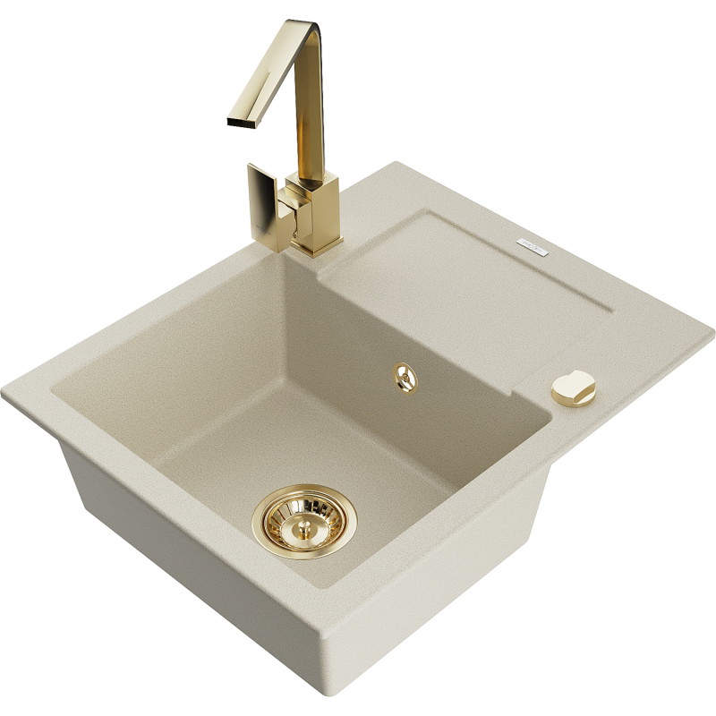 Mexen Enzo Granitspüle einteilig mit Abtropffläche und Küchenarmatur Rita, beige - 6506-69-670300-50