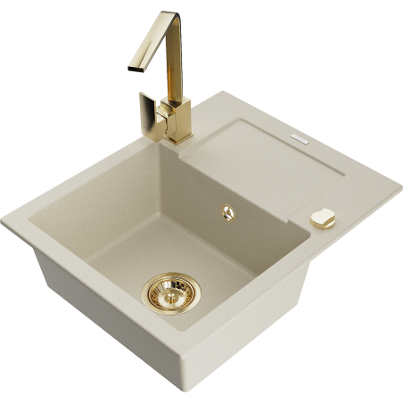 Mexen Enzo Granitspüle einteilig mit Abtropffläche und Küchenarmatur Rita, beige - 6506-69-670300-50