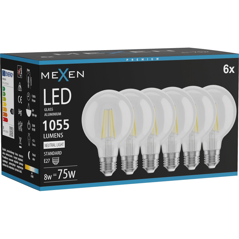 Mexen Vintis 6x LED-Filament-Glühbirne E27, G80, 8W, Neutral - 4000K, 1055 lm, klar - L155-E27-0840-00x06