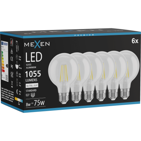 Mexen Vintis 6x LED-Filament-Glühbirne E27, G80, 8W, Neutral - 4000K, 1055 lm, klar - L155-E27-0840-00x06