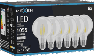 Mexen Vintis 6x LED-Filament-Glühbirne E27, G80, 8W, Neutral - 4000K, 1055 lm, klar - L155-E27-0840-00x06