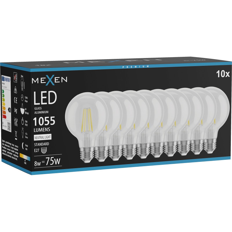 Mexen Vintis 10x LED-Filament-Glühbirne E27, G80, 8W, Neutral - 4000K, 1055 lm, klar - L155-E27-0840-00x10