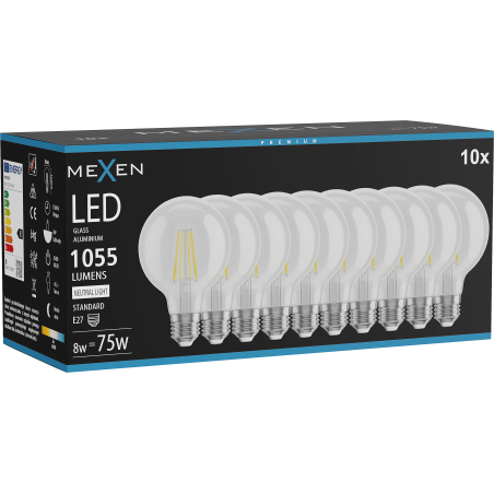 Mexen Vintis 10x LED-Filament-Glühbirne E27, G80, 8W, Neutral - 4000K, 1055 lm, klar - L155-E27-0840-00x10