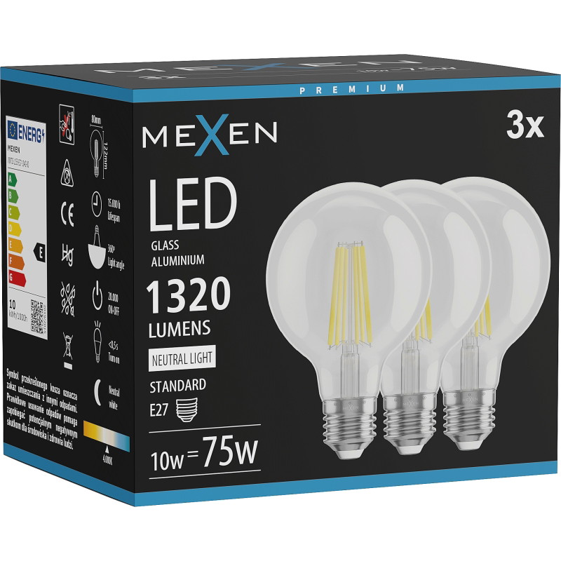 Mexen Vintis 3x LED-Filament-Glühbirne E27, G80, 10W, Neutral - 4000K, 1320 lm, klar - L155-E27-1040-00x03