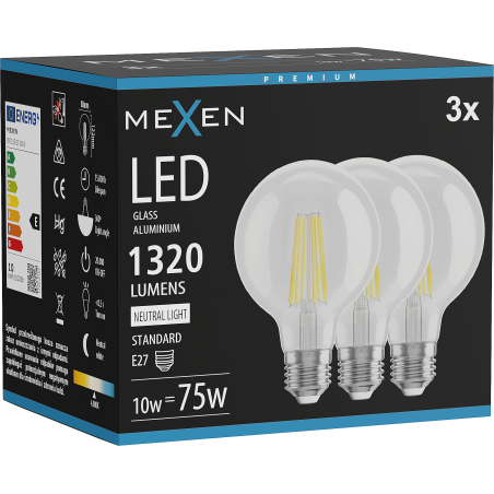 Mexen Vintis 3x LED-Filament-Glühbirne E27, G80, 10W, Neutral - 4000K, 1320 lm, klar - L155-E27-1040-00x03