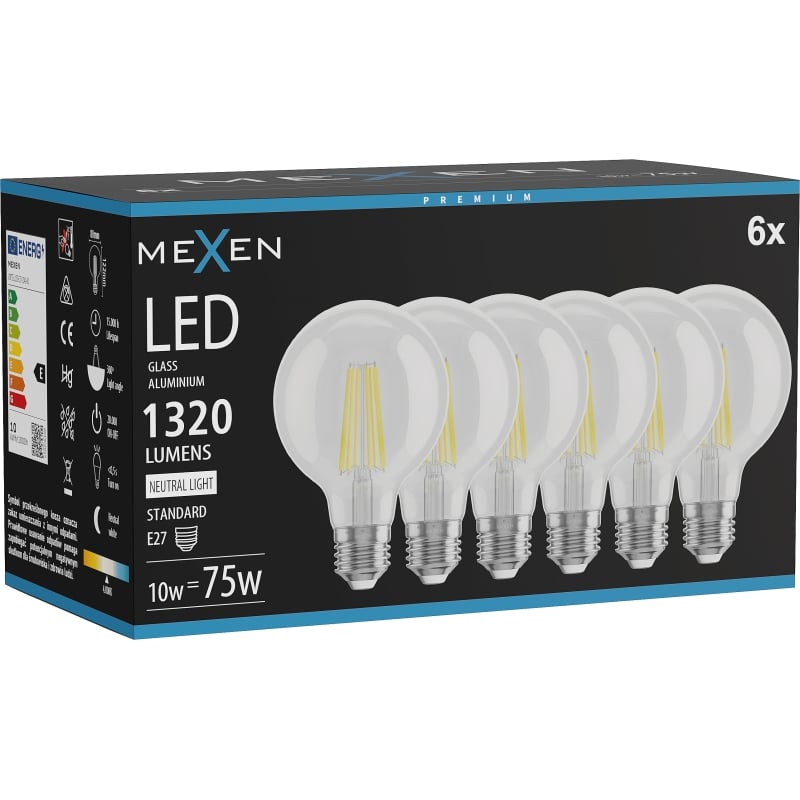 Mexen Vintis 6x LED-Filamentlampe E27, G80, 10W, Neutral - 4000K, 1320 lm, klar - L155-E27-1040-00x06