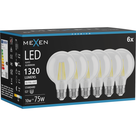 Mexen Vintis 6x LED-Filamentlampe E27, G80, 10W, Neutral - 4000K, 1320 lm, klar - L155-E27-1040-00x06