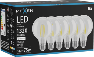 Mexen Vintis 6x LED-Filamentlampe E27, G80, 10W, Neutral - 4000K, 1320 lm, klar - L155-E27-1040-00x06