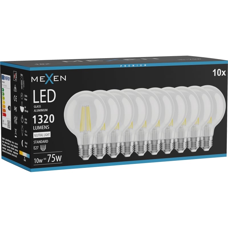 Mexen Vintis 10x Filament-LED-Lampe E27, G80, 10W, Neutral - 4000K, 1320 lm, klar - L155-E27-1040-00x10