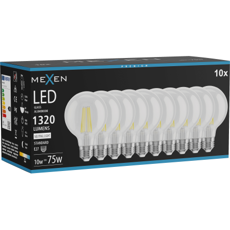 Mexen Vintis 10x Filament-LED-Lampe E27, G80, 10W, Neutral - 4000K, 1320 lm, klar - L155-E27-1040-00x10