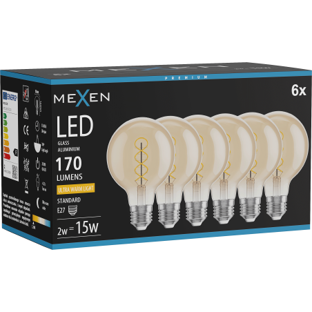 Mexen Vintis 6x LED-Glühbirne Filament Spirale E27, G80, 2W, Warm - 2200K, 170 lm, bernstein - L165-E27-0222-50x06
