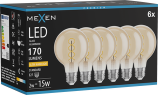 Mexen Vintis 6x LED-Glühbirne Filament Spirale E27, G80, 2W, Warm - 2200K, 170 lm, bernstein - L165-E27-0222-50x06