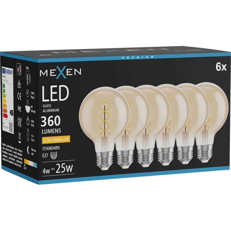 Mexen Vintis 6x LED-Filament-Glühbirne Spirale E27, G80, 4W, Warm - 2200K, 360 lm, Amber - L165-E27-0422-50x06