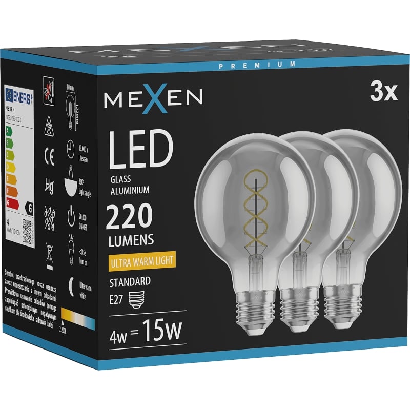 Mexen Vintis 3x LED-Filament-Glühlampe Spirale E27, G80, 4W, Warm - 2200K, 220 lm, smoke - L165-E27-0422-70x03