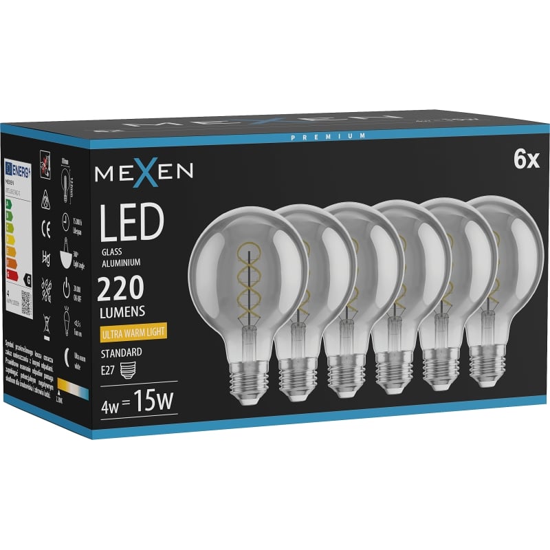 Mexen Vintis 6x LED-Filament-Spirallampe E27, G80, 4W, Warm - 2200K, 220 lm, Rauch - L165-E27-0422-70x06