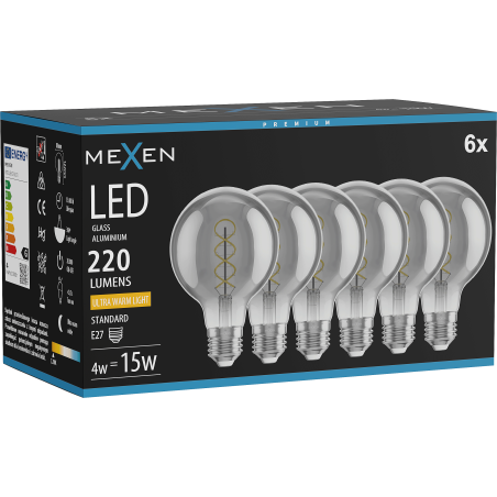 Mexen Vintis 6x LED-Filament-Spirallampe E27, G80, 4W, Warm - 2200K, 220 lm, Rauch - L165-E27-0422-70x06