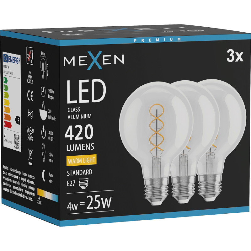Mexen Vintis 3x LED-Filament-Glühbirne Spirale E27, G80, 4W, Warm - 2700K, 420 lm, klar - L165-E27-0427-00x03