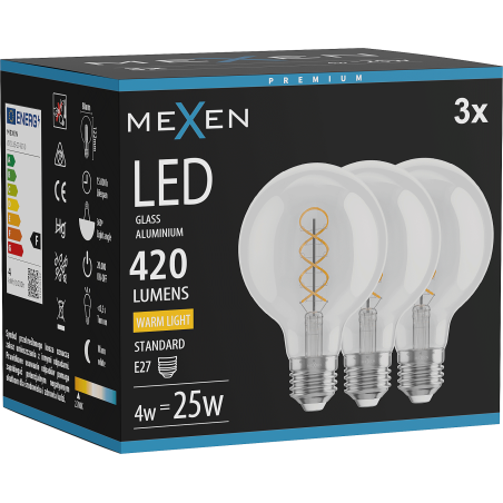 Mexen Vintis 3x LED-Filament-Glühbirne Spirale E27, G80, 4W, Warm - 2700K, 420 lm, klar - L165-E27-0427-00x03