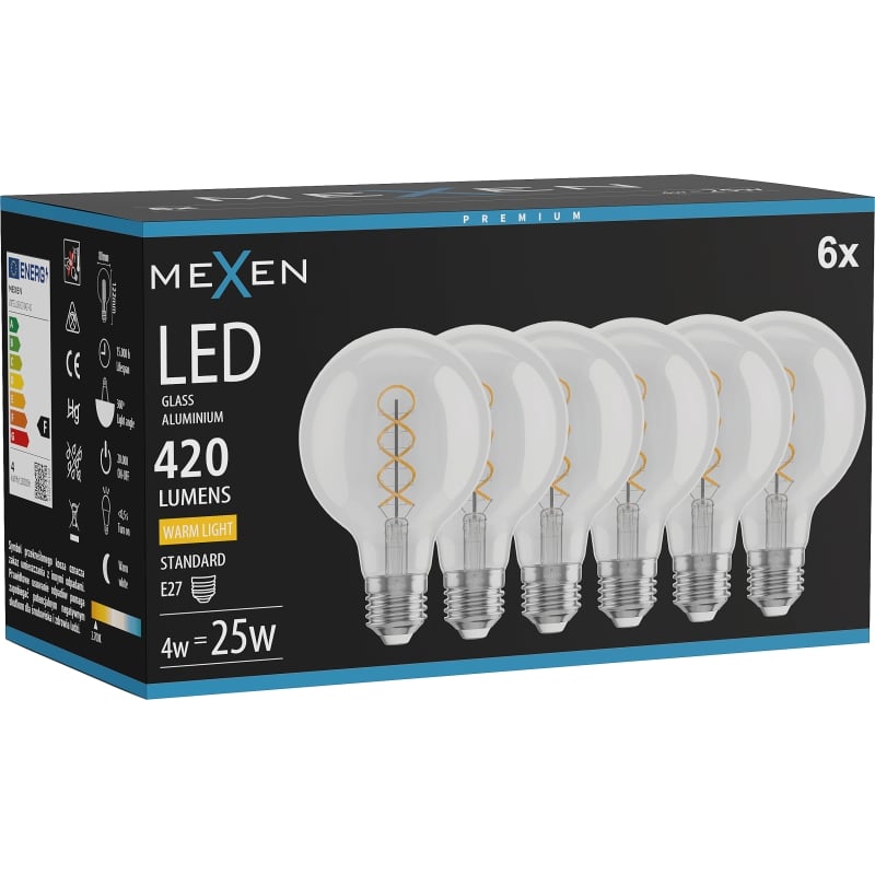 Mexen Vintis 6x LED-Filament-Spiralbirne E27, G80, 4W, Warm - 2700K, 420 lm, klar - L165-E27-0427-00x06