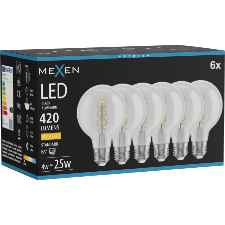 Mexen Vintis 6x LED-Filament-Spiralbirne E27, G80, 4W, Warm - 2700K, 420 lm, klar - L165-E27-0427-00x06