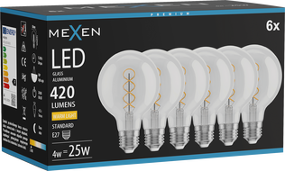 Mexen Vintis 6x LED-Filament-Spiralbirne E27, G80, 4W, Warm - 2700K, 420 lm, klar - L165-E27-0427-00x06