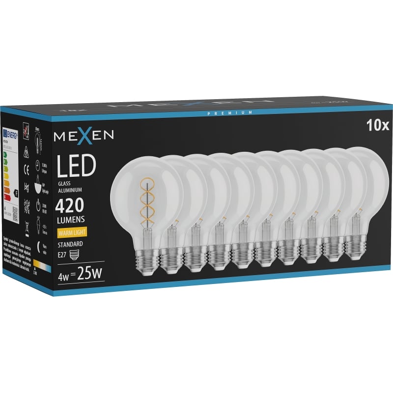Mexen Vintis 10x LED-Filament-Spirale Glühbirne E27, G80, 4W, Warm - 2700K, 420 lm, klar - L165-E27-0427-00x10