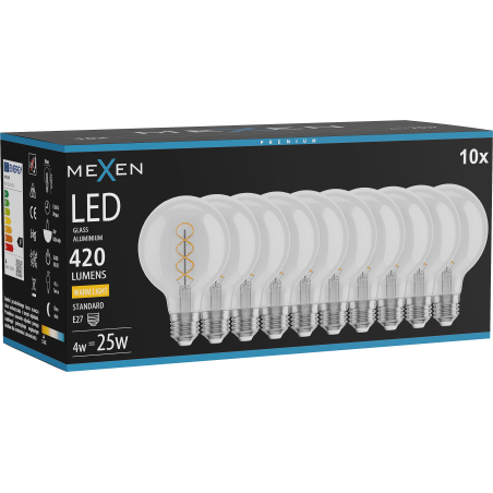 Mexen Vintis 10x LED-Filament-Spirale Glühbirne E27, G80, 4W, Warm - 2700K, 420 lm, klar - L165-E27-0427-00x10