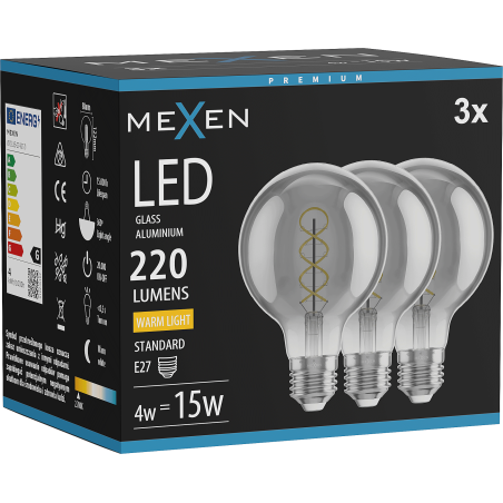 Mexen Vintis 3x Filament-Glühbirne LED Spirale E27, G80, 4W, Warm - 2700K, 220 lm, rauch - L165-E27-0427-70x03
