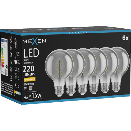 Mexen Vintis 6x LED-Filament-Spirale Glühbirne E27, G80, 4W, Warm - 2700K, 220 lm, Rauch - L165-E27-0427-70x06