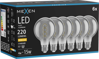 Mexen Vintis 6x LED-Filament-Spirale Glühbirne E27, G80, 4W, Warm - 2700K, 220 lm, Rauch - L165-E27-0427-70x06