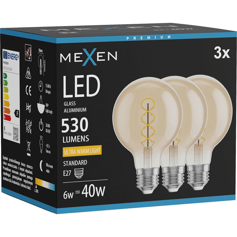 Mexen Vintis 3x LED-Filament-Spirallampe E27, G80, 6W, Warm - 2200K, 530 lm, golden - L165-E27-0622-50x03