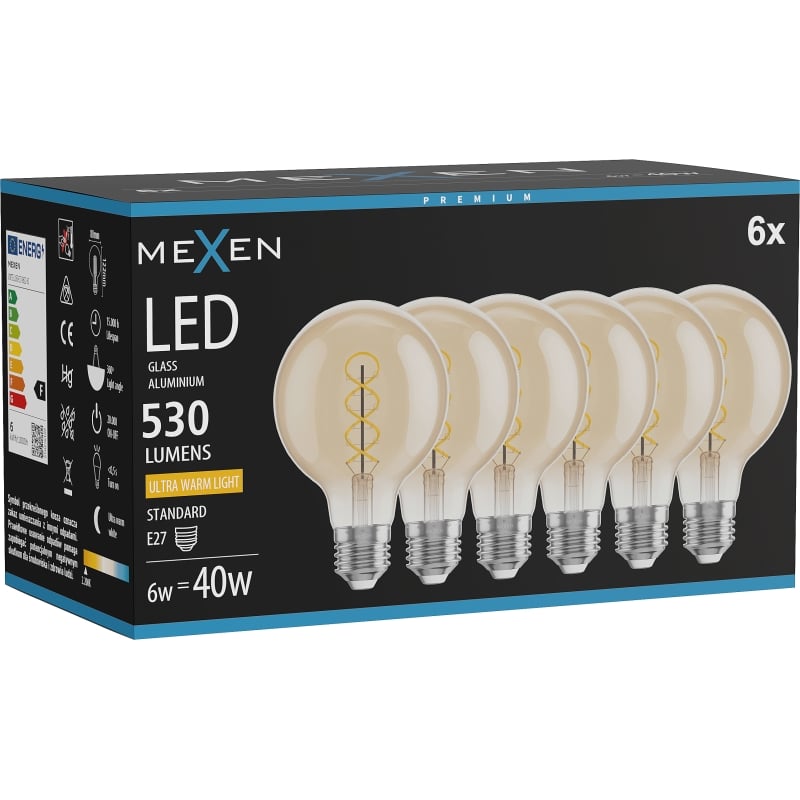 Mexen Vintis 6x LED-Glühbirne Filament Spirale E27, G80, 6W, Warm - 2200K, 530 lm, bernstein - L165-E27-0622-50x06