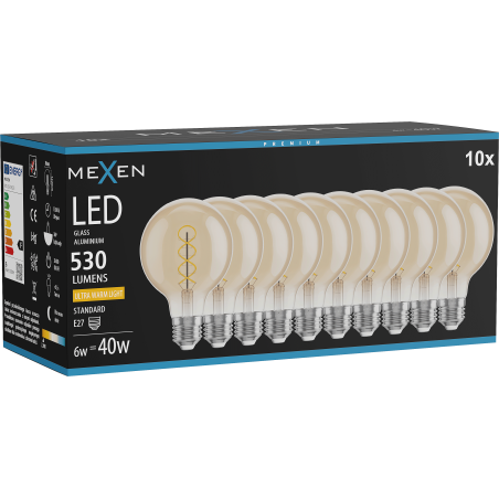 Mexen Vintis 10x LED-Filament-Glühbirne Spirale E27, G80, 6W, Warm - 2200K, 530 lm, Amber - L165-E27-0622-50x10