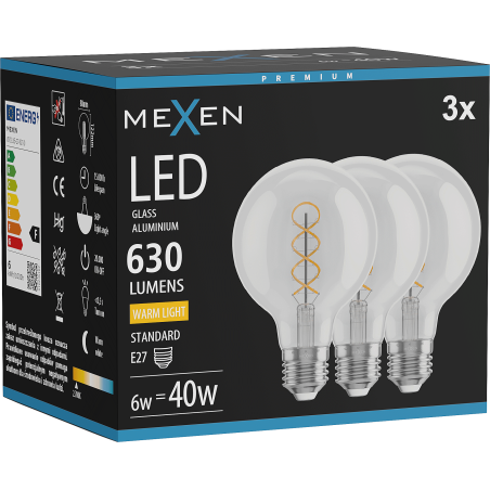 Mexen Vintis 3x LED-Filamentspirale Glühbirne E27, G80, 6W, Warm - 2700K, 630 lm, klar - L165-E27-0627-00x03