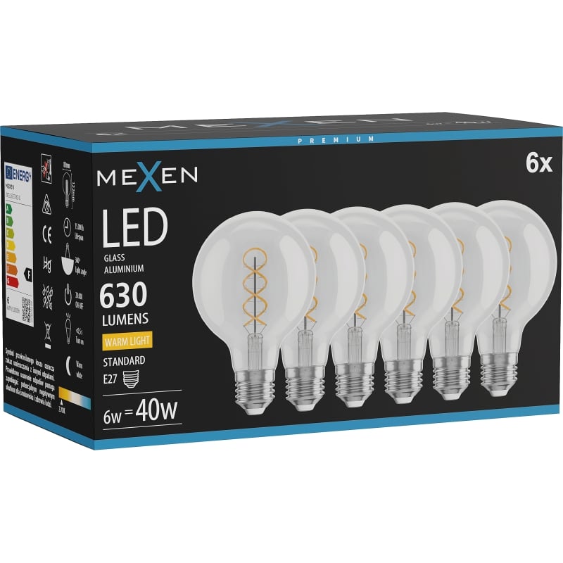 Mexen Vintis 6x LED-Filament-Glühbirne Spirale E27, G80, 6W, Warm - 2700K, 630 lm, klar - L165-E27-0627-00x06