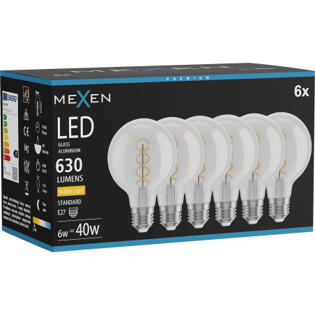 Mexen Vintis 6x LED-Filament-Glühbirne Spirale E27, G80, 6W, Warm - 2700K, 630 lm, klar - L165-E27-0627-00x06