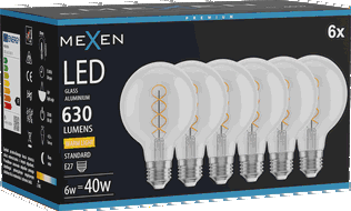 Mexen Vintis 6x LED-Filament-Glühbirne Spirale E27, G80, 6W, Warm - 2700K, 630 lm, klar - L165-E27-0627-00x06