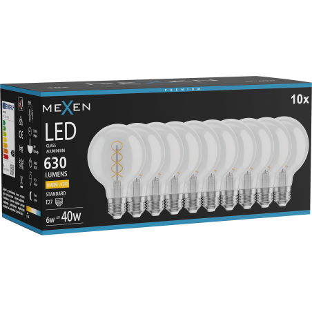 Mexen Vintis 10x LED-Filament-Spirallampe E27, G80, 6W, Warmweiß - 2700K, 630 lm, klar - L165-E27-0627-00x10