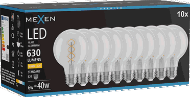 Mexen Vintis 10x LED-Filament-Spirallampe E27, G80, 6W, Warmweiß - 2700K, 630 lm, klar - L165-E27-0627-00x10