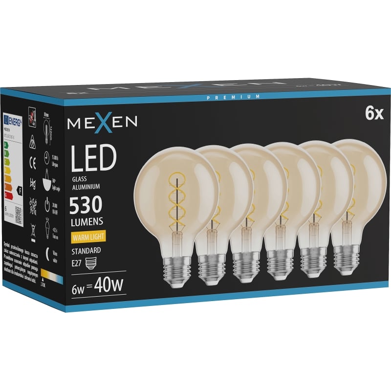 Mexen Vintis 6x LED Filament Spiralbirne E27, G80, 6W, Warm - 2700K, 530 lm, amber - L165-E27-0627-50x06