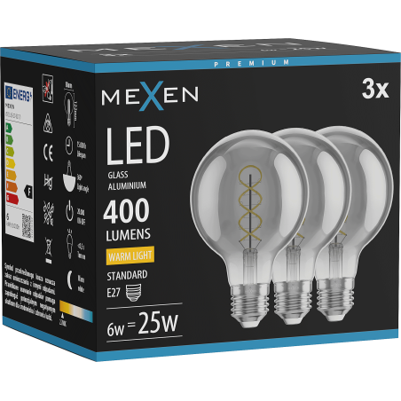 Mexen Vintis 3x LED-Filament-Spirale-Glühbirne E27, G80, 6W, Warm - 2700K, 400 lm, Rauch - L165-E27-0627-70x03