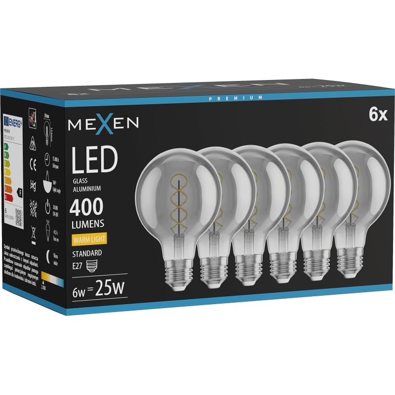Mexen Vintis 6x LED-Filament-Spirallampe E27, G80, 6W, Warm - 2700K, 400 lm, Smoke - L165-E27-0627-70x06