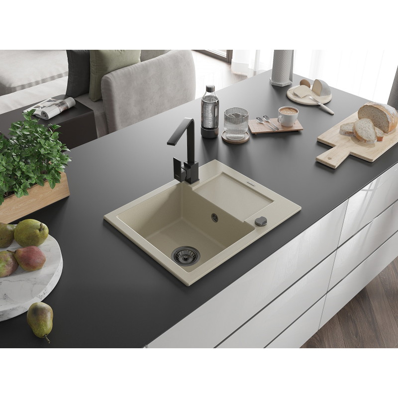 Mexen Enzo Granitspüle 1-Becken mit Abtropfbrett und Küchenarmatur Rita, beige - 6506-69-670300-70