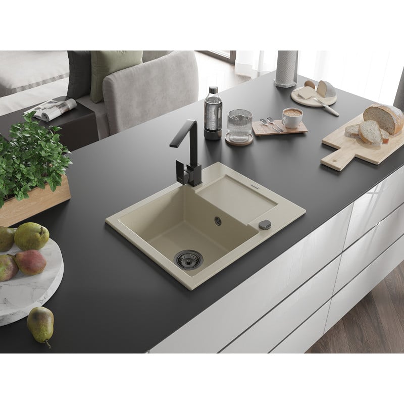 Mexen Enzo Granitspüle 1-Becken mit Abtropffläche und Küchenarmatur Rita, beige - 6506-69-670300-70