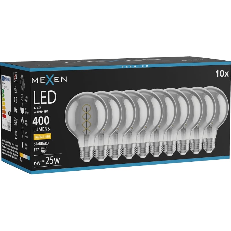 Mexen Vintis 10x LED-Filament-Spiralbirne E27, G80, 6W, Warm - 2700K, 400 lm, Rauchglas - L165-E27-0627-70x10