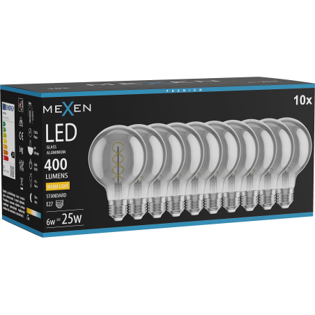 Mexen Vintis 10x LED-Filament-Spiralbirne E27, G80, 6W, Warm - 2700K, 400 lm, Rauchglas - L165-E27-0627-70x10