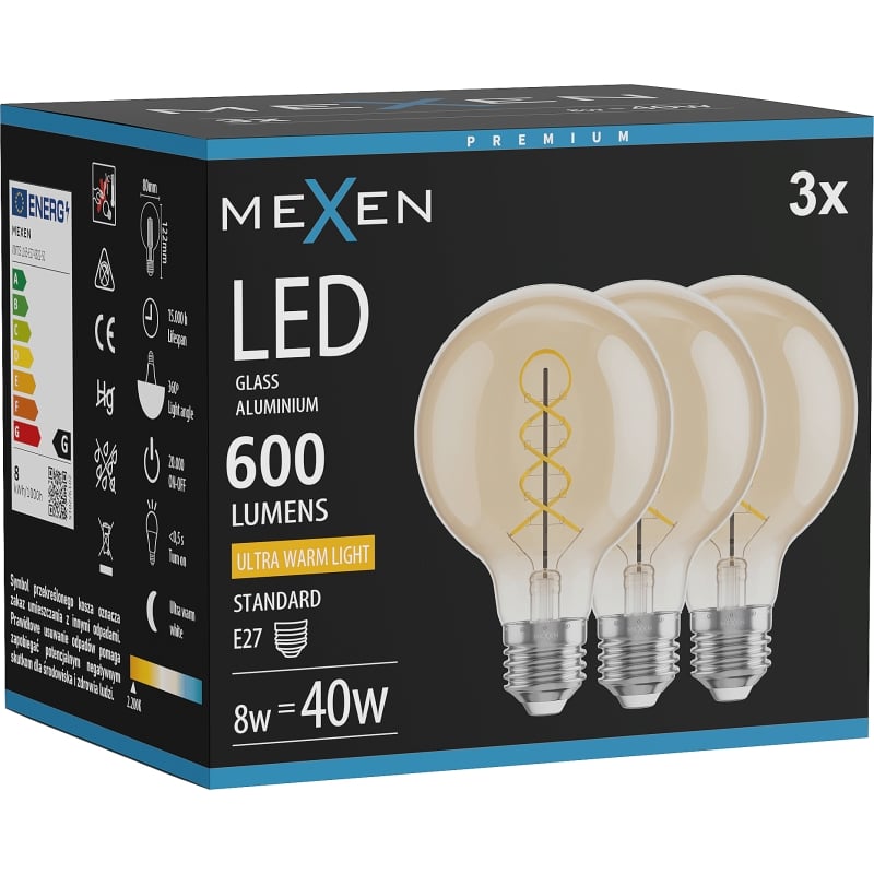 Mexen Vintis 3x LED-Filament-Spirale Leuchtmittel E27, G80, 8W, Warm - 2200K, 600 lm, Amber - L165-E27-0822-50x03