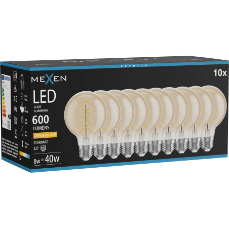 Mexen Vintis 10x LED Filament Spiral Glühbirne E27, G80, 8W, Warm - 2200K, 600 lm, bernsteinfarben - L165-E27-0822-50x10