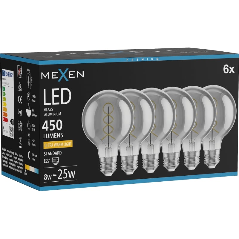 Mexen Vintis 6x LED-Filament-Glühbirne Spirale E27, G80, 8W, Warm - 2200K, 450 lm, Rauch - L165-E27-0822-70x06