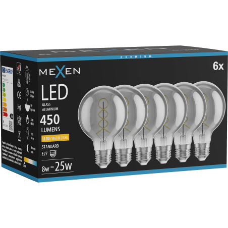 Mexen Vintis 6x LED-Filament-Glühbirne Spirale E27, G80, 8W, Warm - 2200K, 450 lm, Rauch - L165-E27-0822-70x06